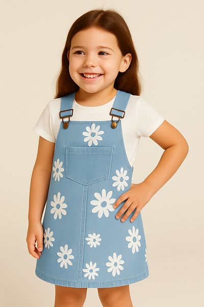 Mislina Gilet din denim pentru copii cu imprimeu RIBANA, rochie cu detaliu de buzunar din stofa denim