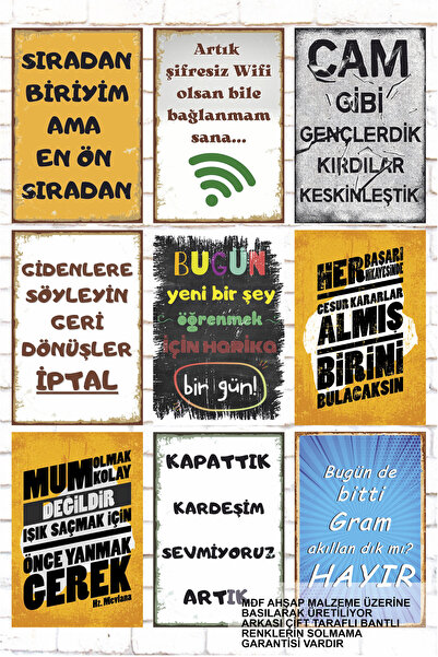 bin ler ce tablo 9 Parça Karışık Yazılı Ahşap Tablo Set esprili komik anlamlı...