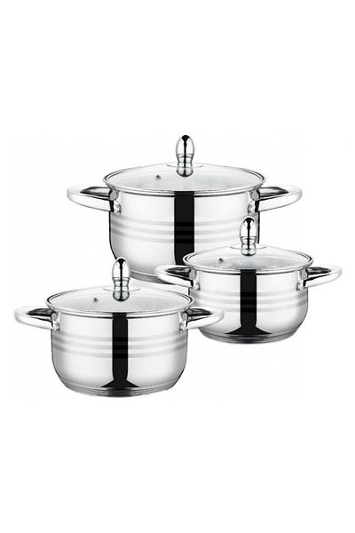 GRÜNBERG 6-piece set of 3 stainless steel pots with Grunberg heat-resistant glass lids