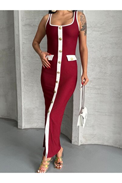 Cistern İstanbul Γυναικείο Μπορντό Λευκό Ριγέ Φόρεμα με Χρυσό Κουμπιά