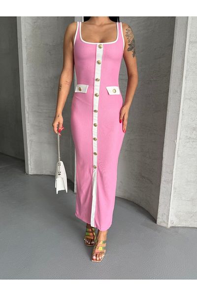 Cistern İstanbul Women's Pink White Striped Gold Buttoned Strap Dress