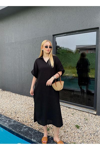 FİOXCO Casual Linen Dress - Bohemian Raw with Black Polo Collar and Side Slits