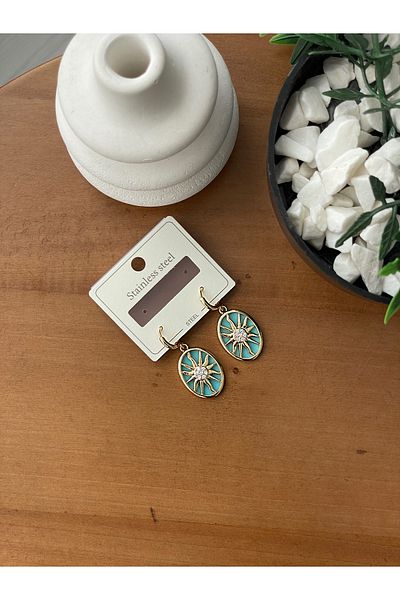 JELLY Women's Steel Gold Color Zircon Stone Turquoise Oval Model Sun Motif Vintage Earrings