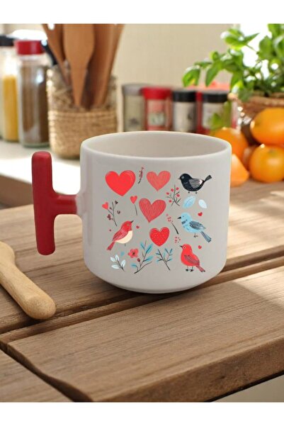 lili hediyelik Hearts and Birds Printed 3-Piece Gift Ceramic Mug with Red Handle