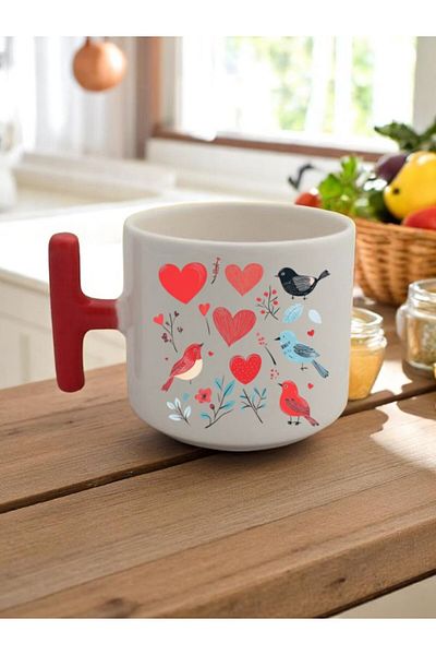 lili hediyelik Hearts and Birds Printed 3-Piece Gift Ceramic Mug with Red Handle