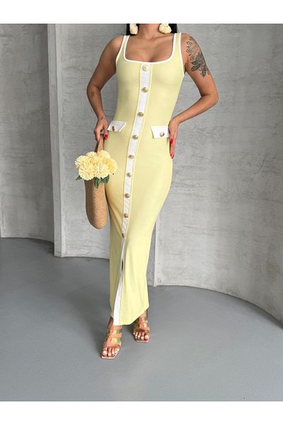 Cistern İstanbul Women's Yellow White Striped Gold Buttoned Strap Dress