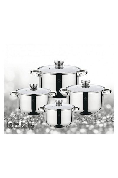 GRÜNBERG 8-piece set of 4 stainless steel pots with Grunberg heat-resistant glass lids