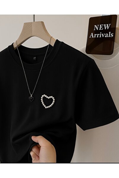 Elysira Γυναικείο μπλουζάκι Basic 100% βαμβακερό με λεπτομέρεια Pearl Heart