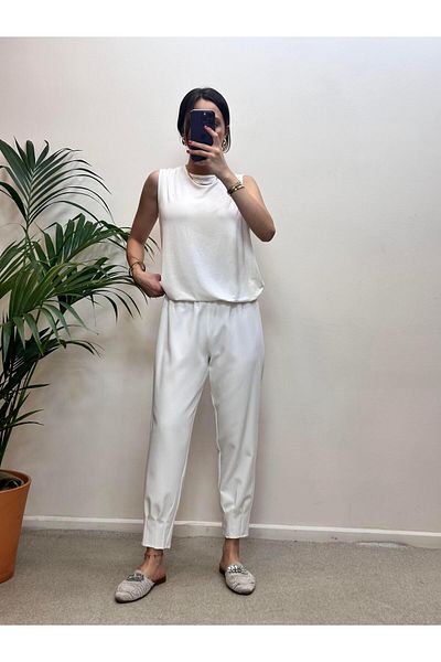 Ranasubaşı Crepe Cuff Stitched Trousers White