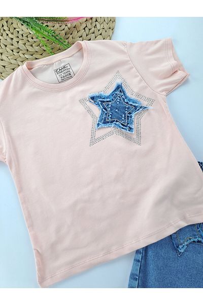 Butik Girl's Denim Shorts Skirt T-Shirt Double Set Star Denim Premium Quality