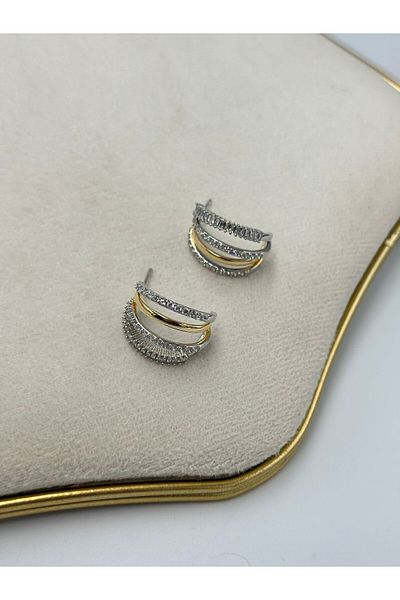 MyladyAccessoriess Double Color and Zircon Stone Detail Hoop Earrings (Steel)