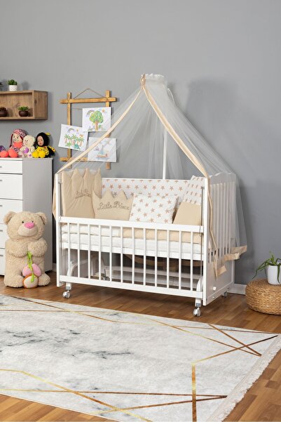 Bamgidoo Ahşap Beşik Anne Yanı Bebek Beşikleri Beyaz 60x120 Krem Prens (ERKEK...