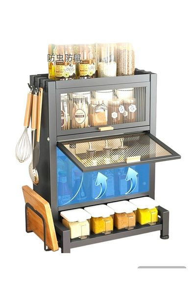 Un Multi-purpose kitchen system with shelves for storing spices, seasonings, and cooking tools, black