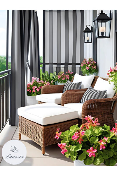 Lunoria Shadow Stripe - Siyah Gri Çizgili Branda Balkon Perdesi