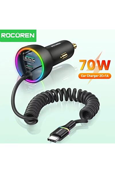 Rocoren 70W Yaylı Şarj Kablolu 3 Girişli Type-C ve Usb Hızlı CE+Rohs Lisanslı Orginal Sağlam Araç Şarjı