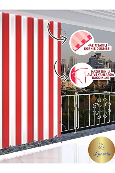 Lunoria Red Stripe - Kırmızı Beyaz Çizgili Branda Balkon Perdesi