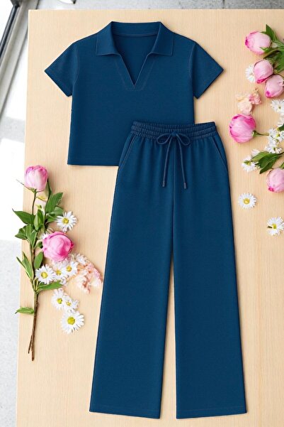 OTAKU Set de pantaloni tricou cu guler polo din țesătură modal cu buzunar dub...