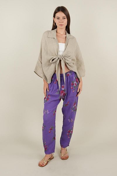 Ranasubaşı Rose Model Tied Linen Trousers Purple