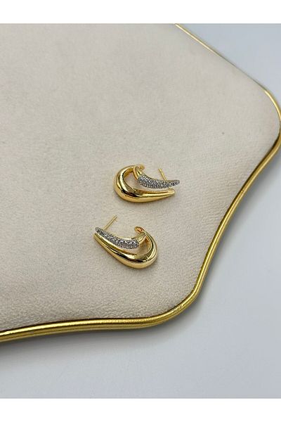 MyladyAccessoriess Double Color Zircon Stone Detailed Drop Hoop Earrings (Steel)