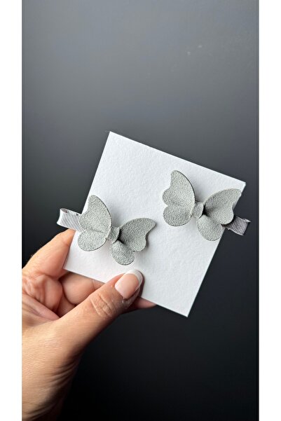 Toka Perisi Gri kız toka Süet Deri Kelebek 2’li Yarım kurdele kaplı klipsli toka