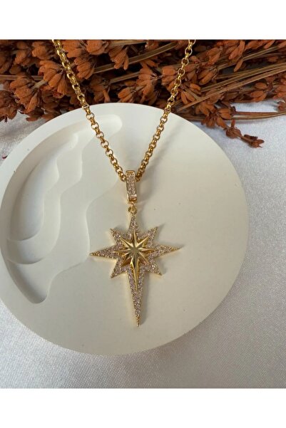 La fee aksesuar قلادة نورث ستار ستيل - تفاصيل حجر الزركون - لون ذهبي