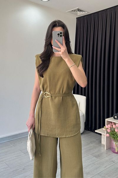 My Blog Khaki Accessory Detailed 100% Cotton Double Set - 8380