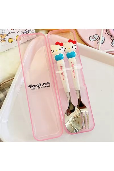 synshop Hello Kitty Y2k Sanrio Kore Kawai Kutulu Çatal Kaşık Set Beslenme