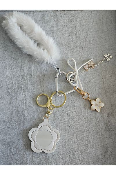 SiestaAccessories White Plush Floral Mirrored Bow Bag Charm / Accessory / Ornament / Keychain
