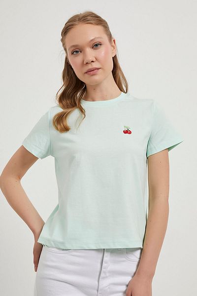 Arma Life Women's Cherry Patterned Crew Neck Mint Loose T-Shirt