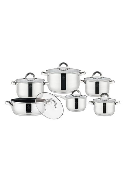 GRÜNBERG 12-piece set of 6 stainless steel pots with glass lids Grunberg