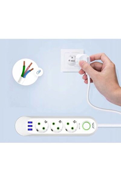 F05 Universal Extension Cord With 3 Sockets, 3 USB Ports, Heat Resistant, 2 M