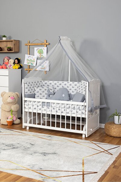 Bamgidoo Ahşap Beşik Anne Yanı Beşik Beyaz) 60x120 - Gri Balina Uyku Seti Yatak
