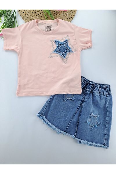Butik Girl's Denim Shorts Skirt T-Shirt Double Set Star Denim Premium Quality