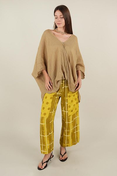 Ranasubaşı Geo Model Linen Trousers with Front Pockets Yellow