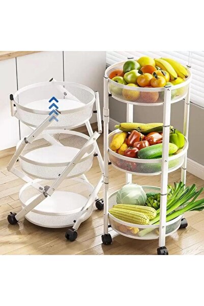 Un عربة تخزين متعددة الطبقات قابلة للطي بعجلات للمطبخ والخضروات والفواكه ابيض