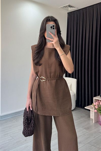 My Blog Brown Accessory Detailed 100% Cotton Double Set - 8380