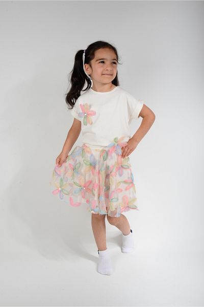 KİDSPİTİRCİK Girl's Pink Flowery Tulle Skirt Suit (100% Cotton)