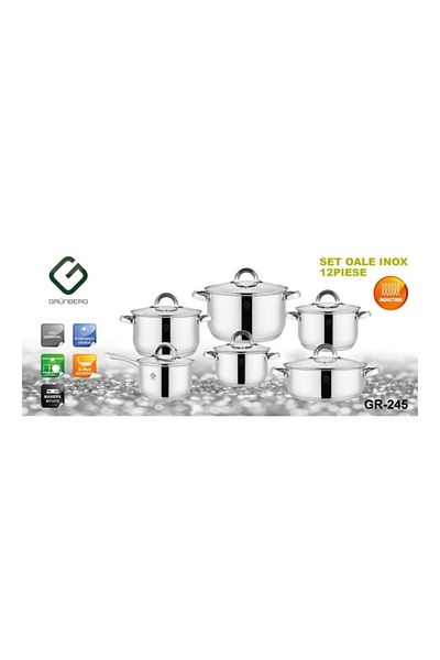 GRÜNBERG 12-piece set of 6 stainless steel pots with glass lids Grunberg