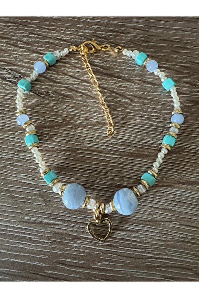 misstakıjewerly Cream and Blue Stone Authentic Heart Detailled Anklet