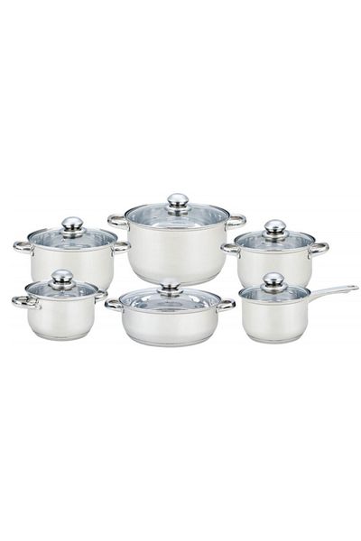 GRÜNBERG 12-piece set of 6 stainless steel pots with glass lids Grunberg