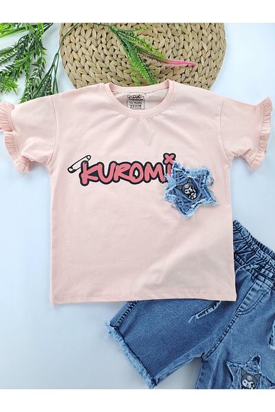 Butik Girl's Kuromi Printed Denim Shorts T-Shirt Two Piece Set Star Denim Premium Quality