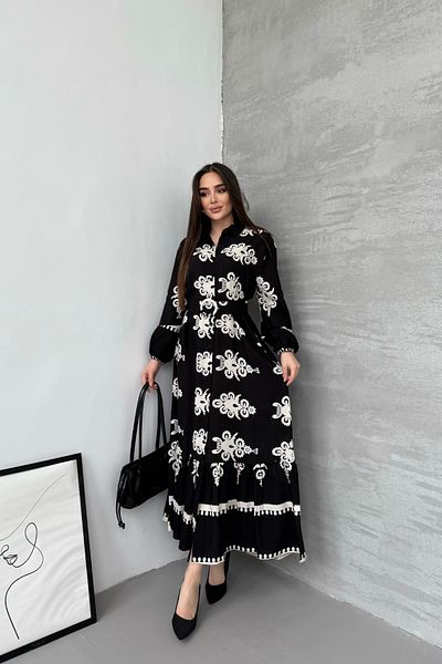 Mezka Ethnic Patterned Viscose Long Sleeve Belted Dress