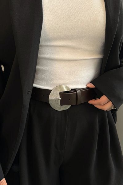 LEONAS Asymmetrical Circle Antique Buckle Women's Belt Massi Bitter Brown