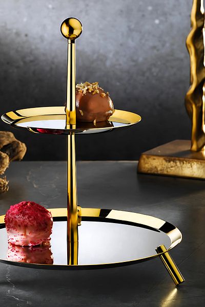 ÖzSa Home Medium Gold Edged Pedestal 18/10 Stainless Steel 2 Tier Presentation Stand Metal Pedestal Presentation Stand