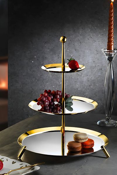 ÖzSa Home Large Gold Edged Pedestal 18/10 Stainless Steel 3 Tier Presentation Stand Metal Pedestal Presentation Stand