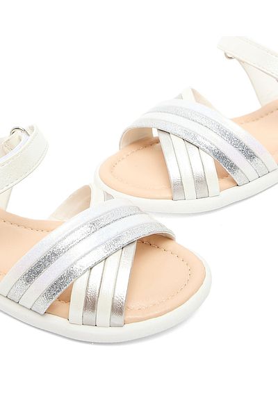 R&B White Ankle Strap Flat Sandals For Girls