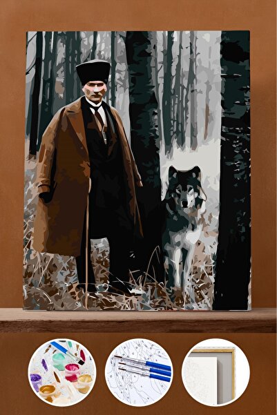 Pastelya Sayılarla Boyama Seti Çerçeveli Kasnaklı Atatürk ve Kurt 40x50 cm