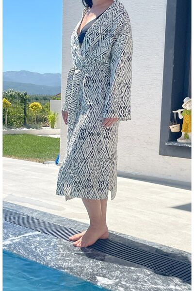 MUJO Black-Ecru Patterned Women's Kimono - 2 Layers Organic Muslin Crinkle