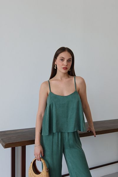 Laluvia Emerald Green Satin Look Blouse Trousers Suit - 51043
