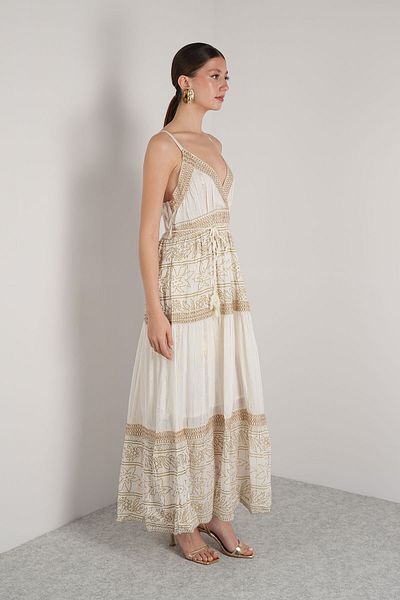 NAVAJO Maxi Dress - White Coffee Rope Strap Lined Dress – 100% Cotton – Standard Size (36-44)